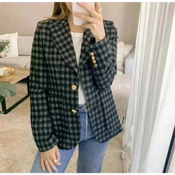 Smythe Duchess Blazer Wool Jacket Plaid Patch Pocket Gray Check 6 Portrait Neck - Picture 6 of 7